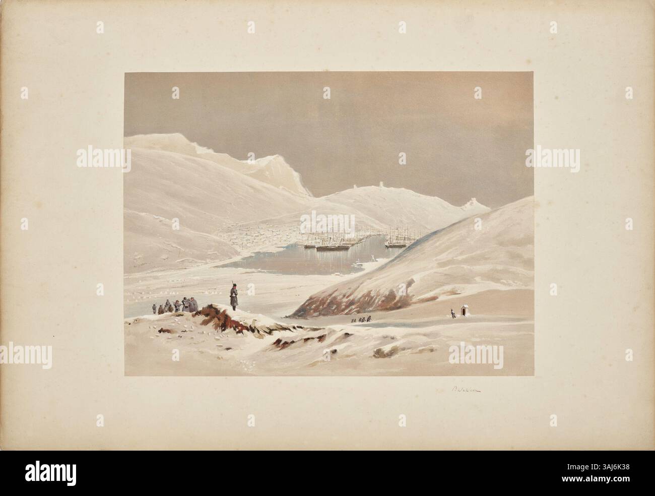 Zeigt die Stadt Balaklava während des Krimkrieges, eine Lithografie aus dem „Offiziersportfolio“. Das Bild zeigt die militärischen Aktivitäten rund um die Hafenstadt, wobei der Schwerpunkt auf den Hafen- und Truppenbewegungen liegt. Stockfoto