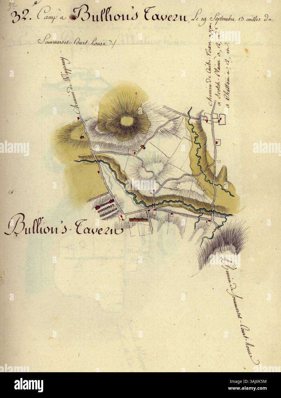 Ein Manuskript, das die Pläne des Amerikanischen Feldzugs zeigt, zeigt die Lager der Armee des Comte de Rochambeau während ihres marsches von Williamsburg, Virginia, nach Boston im Jahr 1782. Das Manuskript enthält Skizzen der Lager und des Geländes, die für das Verständnis der militärischen Strategie und Logistik der französischen Streitkräfte während der Amerikanischen Revolution unerlässlich sind. Stockfoto