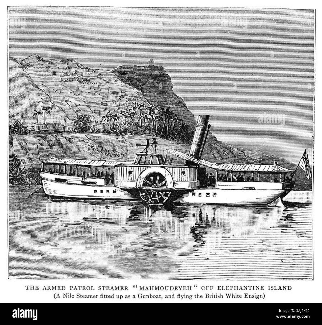 Diese 1884-Illustration aus *The Graphic* zeigt den bewaffneten Patrouillendampfer „Mahmoudeyeh“, einen in ein Kanonenboot umgestalteten Nildampfer, der während der Nilexpedition zur Befreiung von General Gordon mit dem britischen White Ensign in der Nähe von Elephant Island flog. Stockfoto