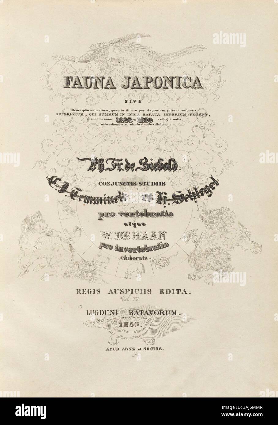 Fauna Japonica, ein illustriertes Werk von Coenraad Jacob Temminck und Kollaborateuren, das 1850 veröffentlicht wurde. Diese umfassende zoologische Studie dokumentiert japanische Tiere aus einer wissenschaftlichen Untersuchung zwischen 1823 und 1830 mit detaillierten Abbildungen und Beobachtungen. Stockfoto