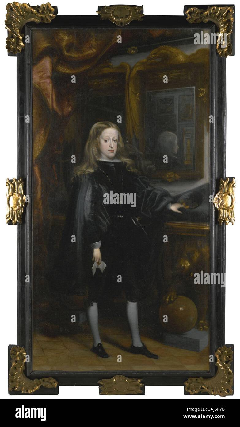 Das Porträt des spanischen Königs Carlos II. (1661–1700) von Juan Carreño de Miranda zeigt den spanischen Monarchen in seinen königlichen Regalen. Das Werk ist Teil einer Privatsammlung und wurde am 7. Juli 2016 in Sotheby’s versteigert. Stockfoto