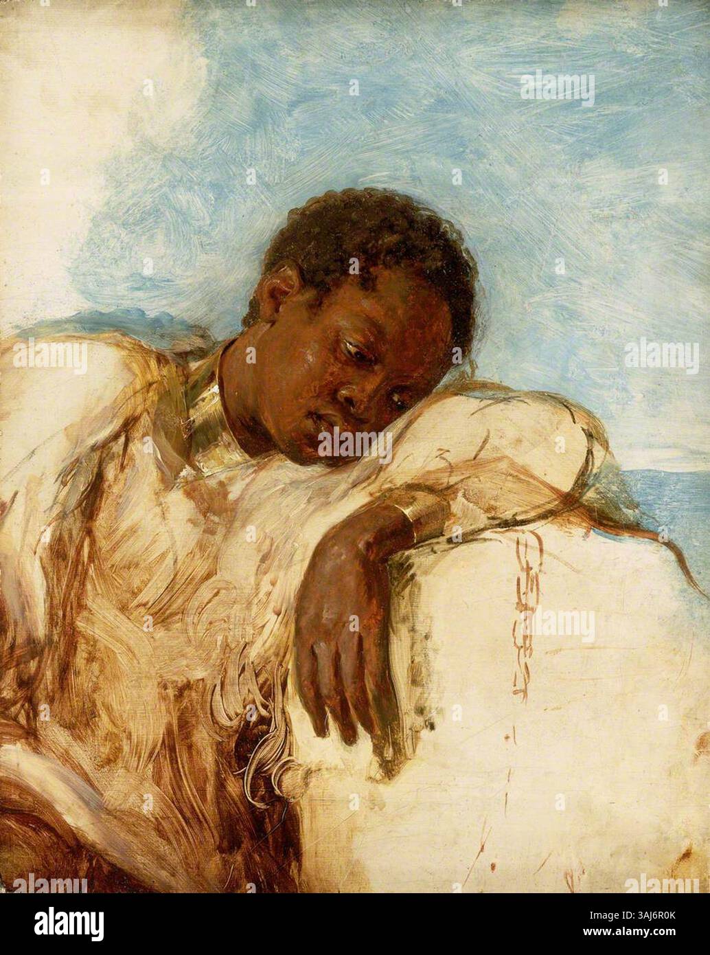 Ölgemälde mit dem Titel „Sklave in Ketten“, geschaffen um 1820 von einem anonymen britischen Künstler. Stellt einen Sklaven in Ketten dar, wobei der Schwerpunkt auf den körperlichen und emotionalen Zustand des Subjekts liegt. Royal Museums Greenwich. Stockfoto