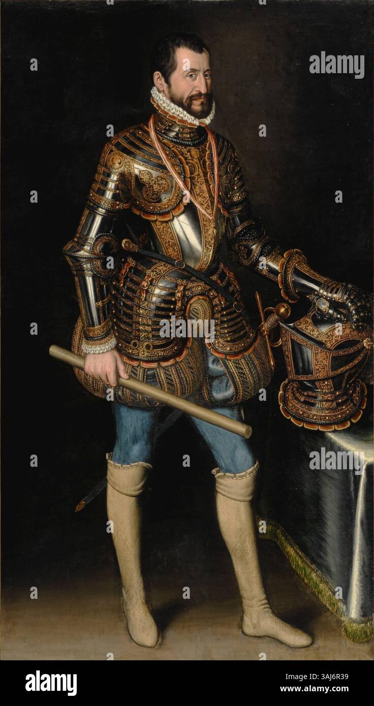 Dieses Porträt aus dem 16. Jahrhundert, das Juan Pantoja de la Cruz zugeschrieben wird, zeigt einen Gentleman in Rüstung, der traditionell als Don Fernando Alvarez de Toledo, 3. Herzog von Alba identifiziert wurde. Das Öl auf Leinwand spiegelt seine militärische Stellung und seinen Status wider. Stockfoto