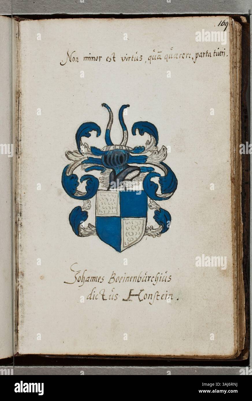 Johannes van Boinenburg, bekannt als Honstein, trug zum Album amicorum of Ernst Brinck bei, einer bemerkenswerten Sammlung persönlicher Inschriften und Widmungen. Dieser Beitrag wurde in 133M86 (169r) aufgenommen und befindet sich in der KB-Nationalbibliothek der Niederlande. Stockfoto