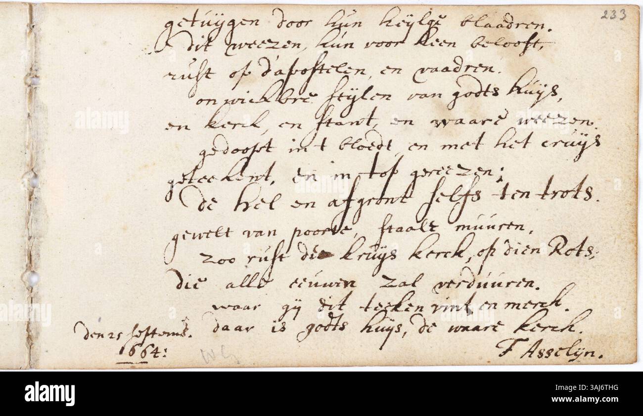 Gedichtbeitrag von Thomas Asselyn (1620–1701), einem niederländischen Dramatiker, für das Album amicorum von Jacob Heyblocq (1623–1690), Rektor der Lateinschule in Amsterdam. Diese Inschrift, datiert vom 25. September 1664, ist Teil der größeren Sammlung von Werken, die im Album enthalten sind. Stockfoto