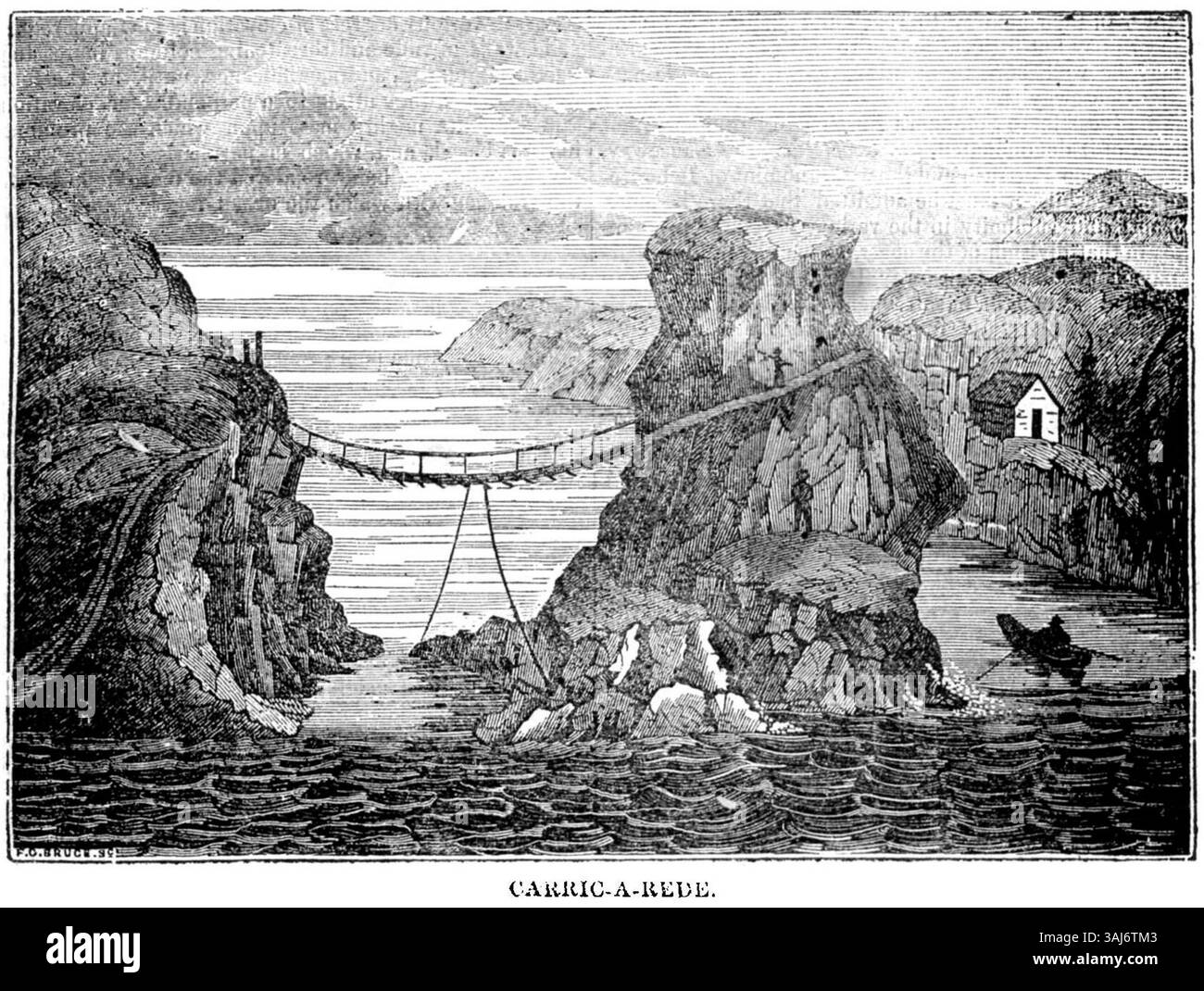 Der artikel „A Guide to the Giants' Causeway“ aus dem Dublin Penny Journal, Band 2, enthält eine Beschreibung von Carrick-a-Rede, einer berühmten Seilbrücke in Nordirland. Der Reiseleiter erläutert die Lage und die umliegende natürliche Schönheit. Stockfoto