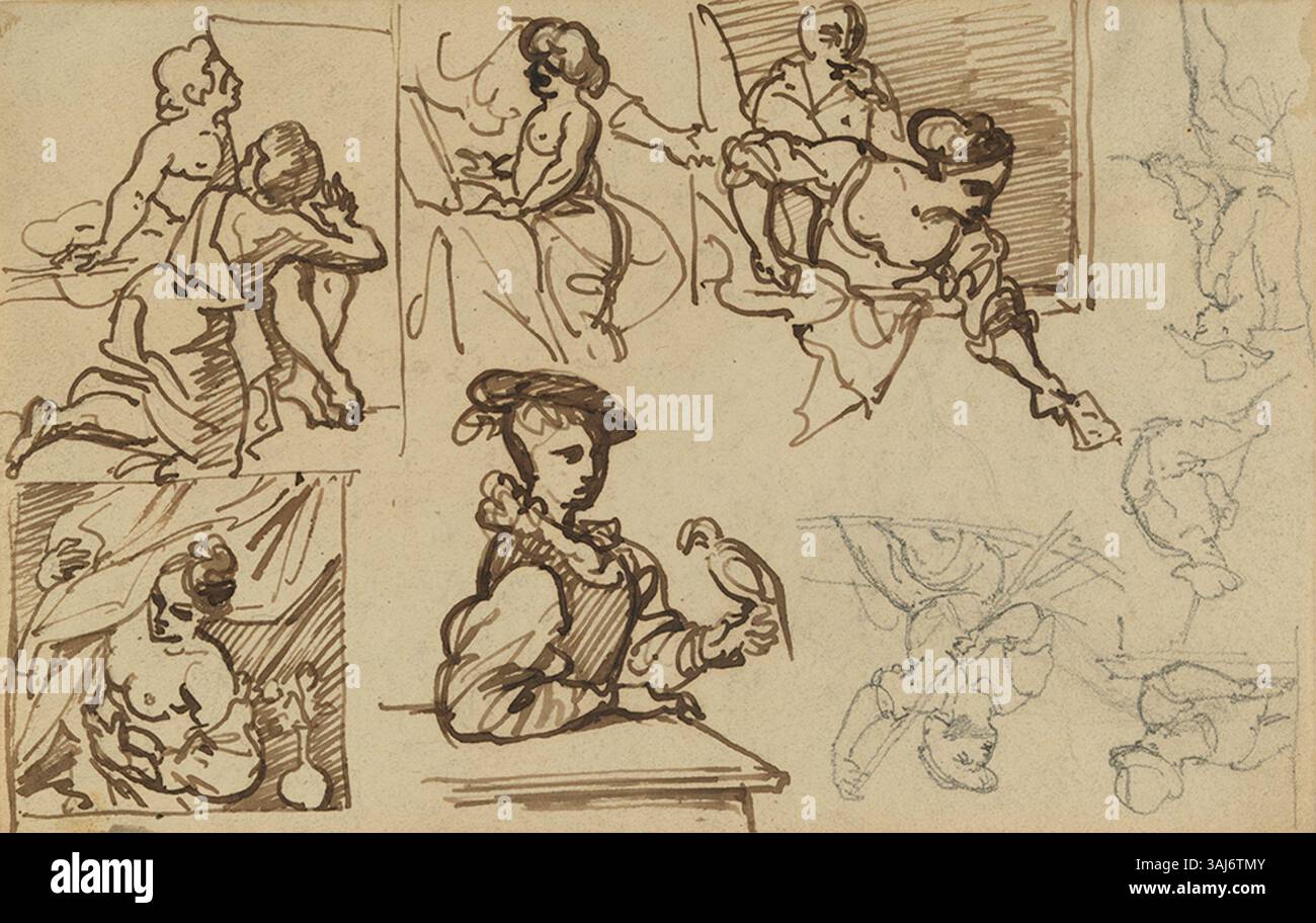 Diese Zeichnung von Théodore Géricault, die zwischen 1815 und 1816 entstand, zeigt Studien von Bootsführern und Figuren aus früheren Gemälden. Das Werk ist in brauner Tinte auf beigem Webpapier gerendert, was Géricaults Fokus auf menschliche Form und Bewegung veranschaulicht. Stockfoto