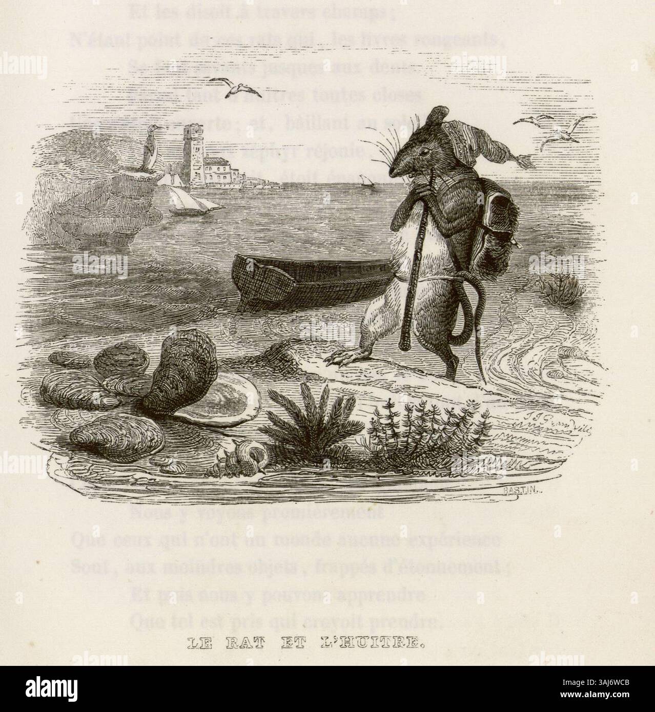 Ein Druck aus La Fontaines Fables mit dem Titel „The Rat and the Oyster“ aus dem Jahr 1838. Diese Fabel zeigt eine Ratte und eine Auster in einer Geschichte über Gier und die Folgen von Egoismus. Stockfoto