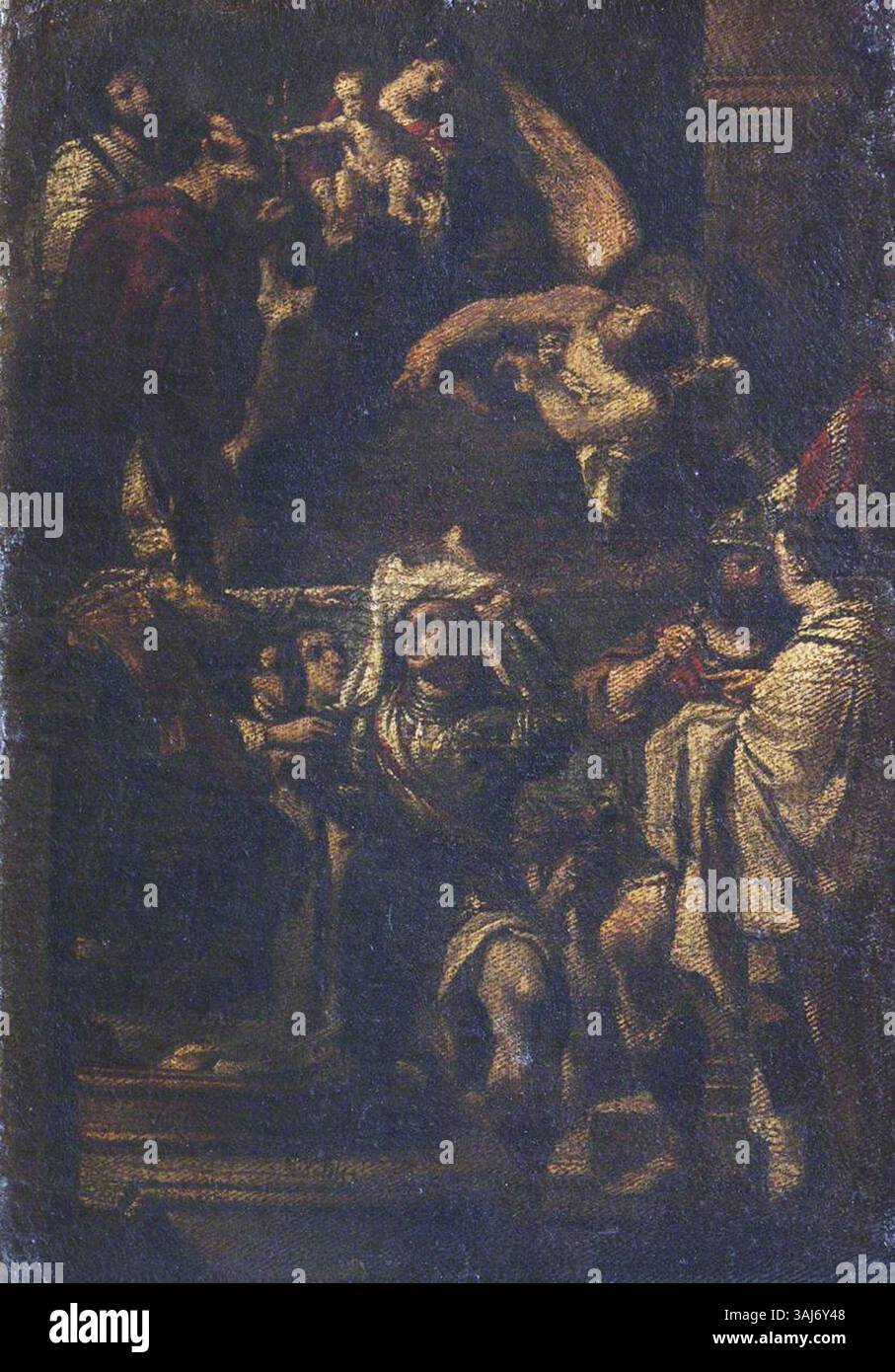 Dieses religiöse Gemälde nach Guercino zeigt den Heiligen Wilhelm von Aquitanien, der die Gewohnheit annimmt, einen bedeutenden Moment in seinem Leben, gemalt im 17. Jahrhundert. Stockfoto