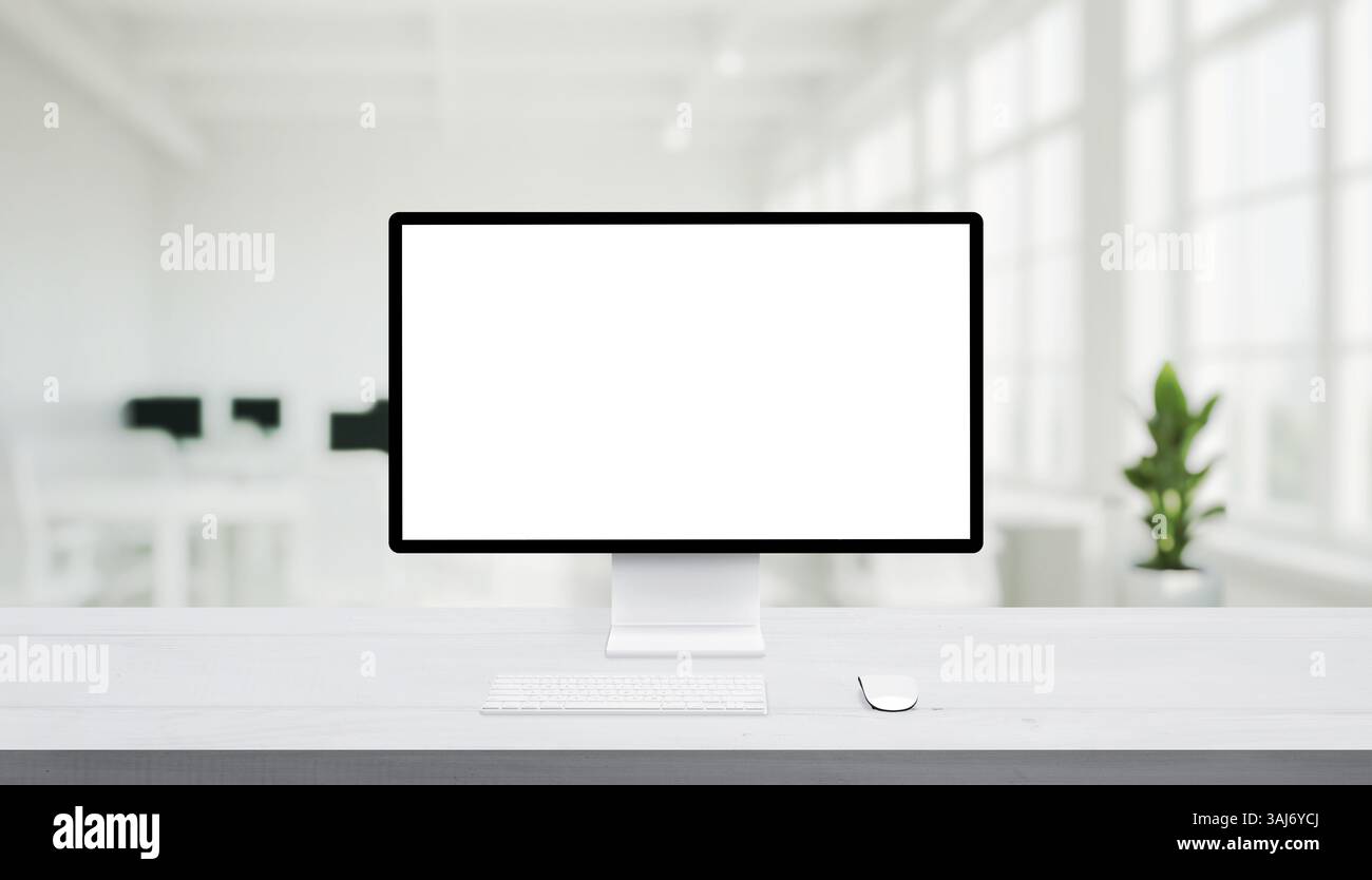 Computermonitore auf einem sauberen Schreibtisch, ideal für die Präsentation von Webdesign-Studioarbeiten, Websites und digitalen Schnittstellenkonzepten Stockfoto