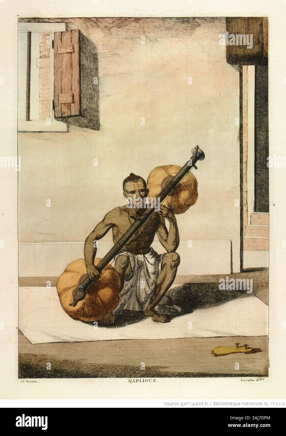 Frans Balthazar Solvyns’ Illustration aus „Illustrations de Les Hindous“ zeigt die „bin“, ein indisches Musikinstrument, das der Rudra Vina entspricht. Die Arbeiten stammen aus den Jahren 1808 bis 1812. Stockfoto