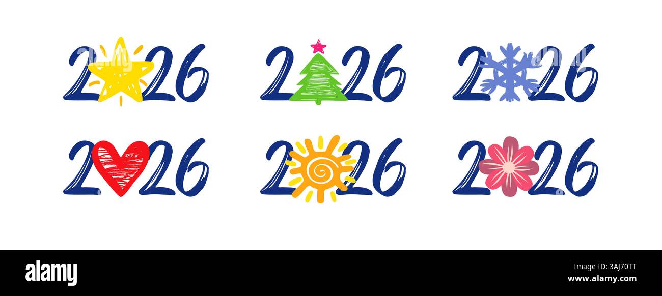 Happy New Year 2026 mit abstrakten festlichen Illustrationen. Set mit 2026 Werbekonzepten für saisonale Veranstaltungen. Season's Greetings. Handgeschriebener Stall Stock Vektor