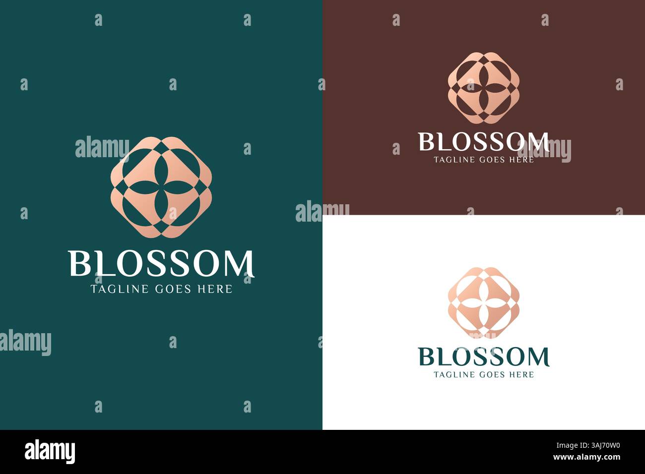 Elegantes, kunstvoll verziertes Blütenlogo mit geometrischem Blumenmuster in leuchtendem Gold-Design Stock Vektor