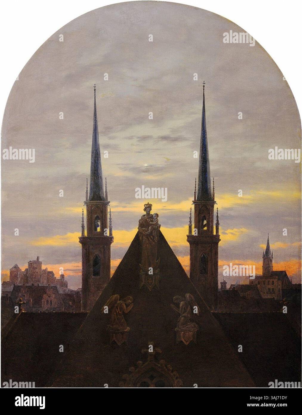 „City at Dusk“ (1845) von Carl Gustav Carus ist ein Ölgemälde, das eine ruhige Stadtlandschaft in der Dämmerung darstellt. Die im Museum Behnhaus Drägerhaus untergebrachte Arbeit fängt die atmosphärischen Effekte des verblassenden Lichts mit Carus’ charakteristischem romantischen und naturalistischen Stil ein. Stockfoto
