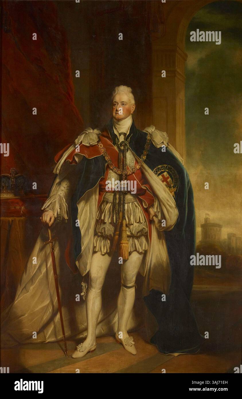 Dieses Porträt von Alexander Glasgow aus dem Jahr 1865 zeigt König Wilhelm IV. In seinen Krönungsgewändern, in denen die königliche Kleidung und die würdevolle Präsenz des Monarchen festgehalten werden. Das Öl auf Leinwand zeigt die komplizierten Details der Gewänder, symbolisch für seine Herrschaft. Das Gemälde ist in der königlichen Sammlung untergebracht. Stockfoto