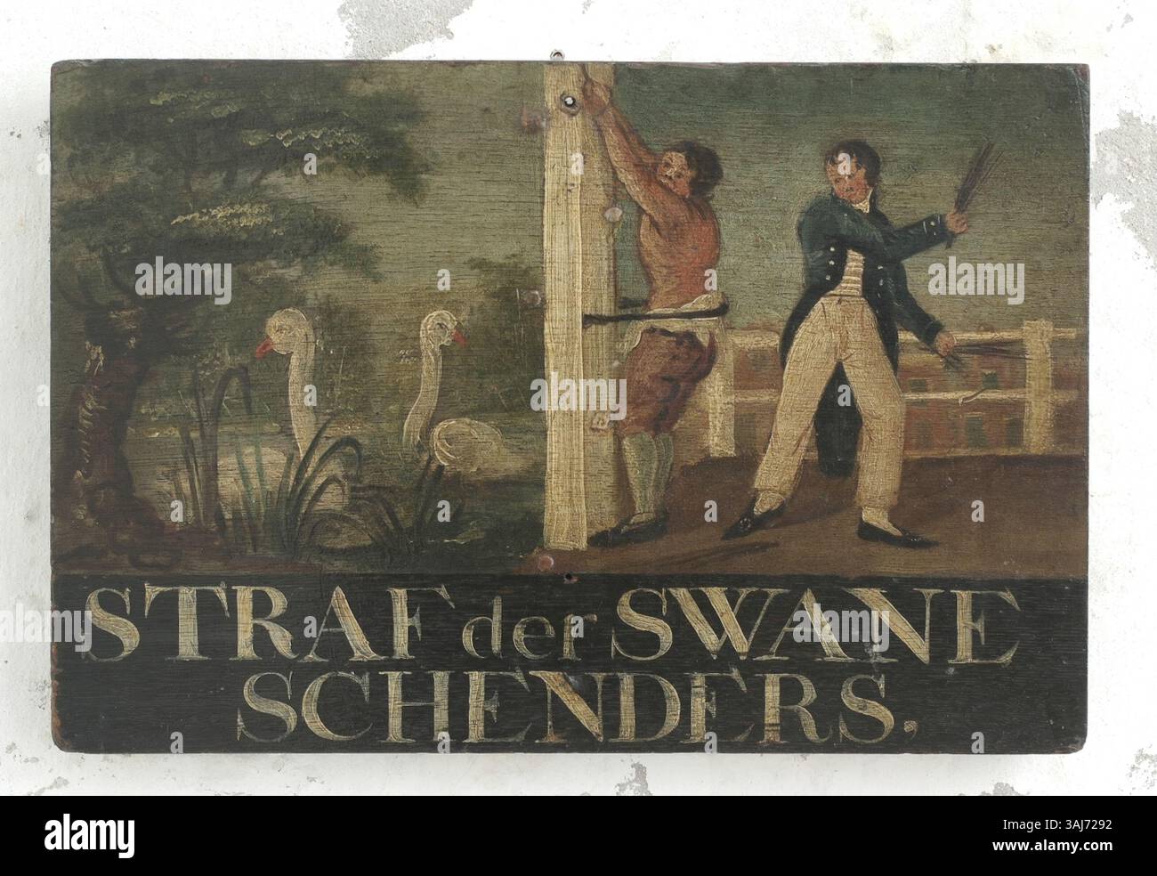 Dieses anonyme niederländische Gemälde, das zwischen 1800 und 1824 entstanden ist, zeigt Straf der Swane Schenders („Bestrafung der Schwan-Missbraucher“). Die Szene zeigt eine dramatische Darstellung der Gerechtigkeit in einem historischen Setting, dargestellt in Öl auf der Tafel. Stockfoto