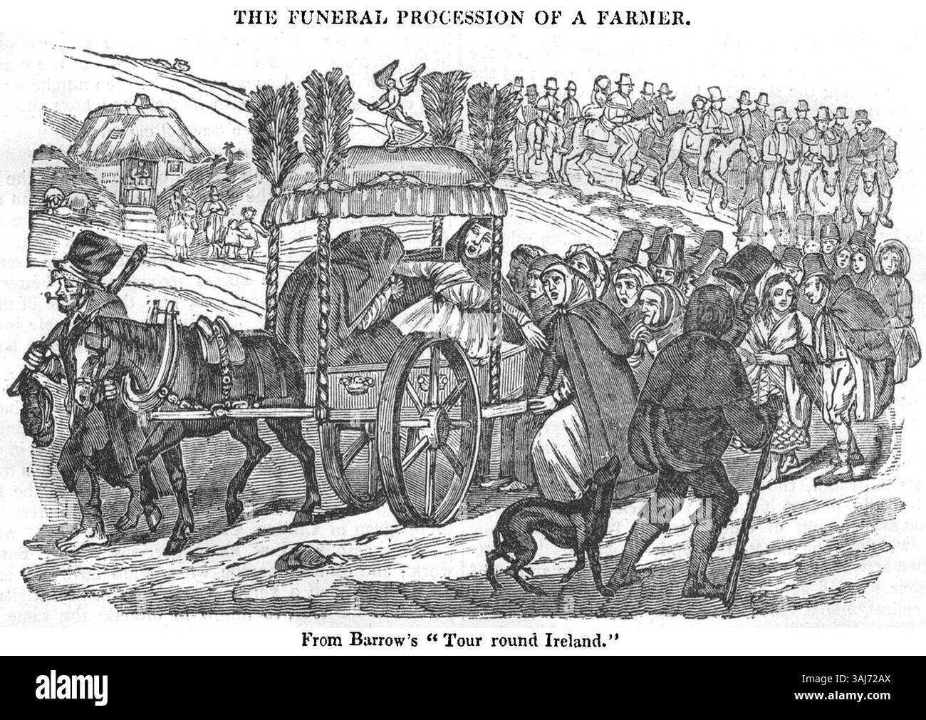 Dieses Bild zeigt die Beerdigung eines Landwirts, wie es 1836 im artikel A Tour Round Ireland des Dublin Penny Journal beschrieben wird. Es zeigt den feierlichen Anlass und bietet Einblick in die irischen Bräuche des 19. Jahrhunderts und die sozialen Rituale der ländlichen Gemeinde. Stockfoto