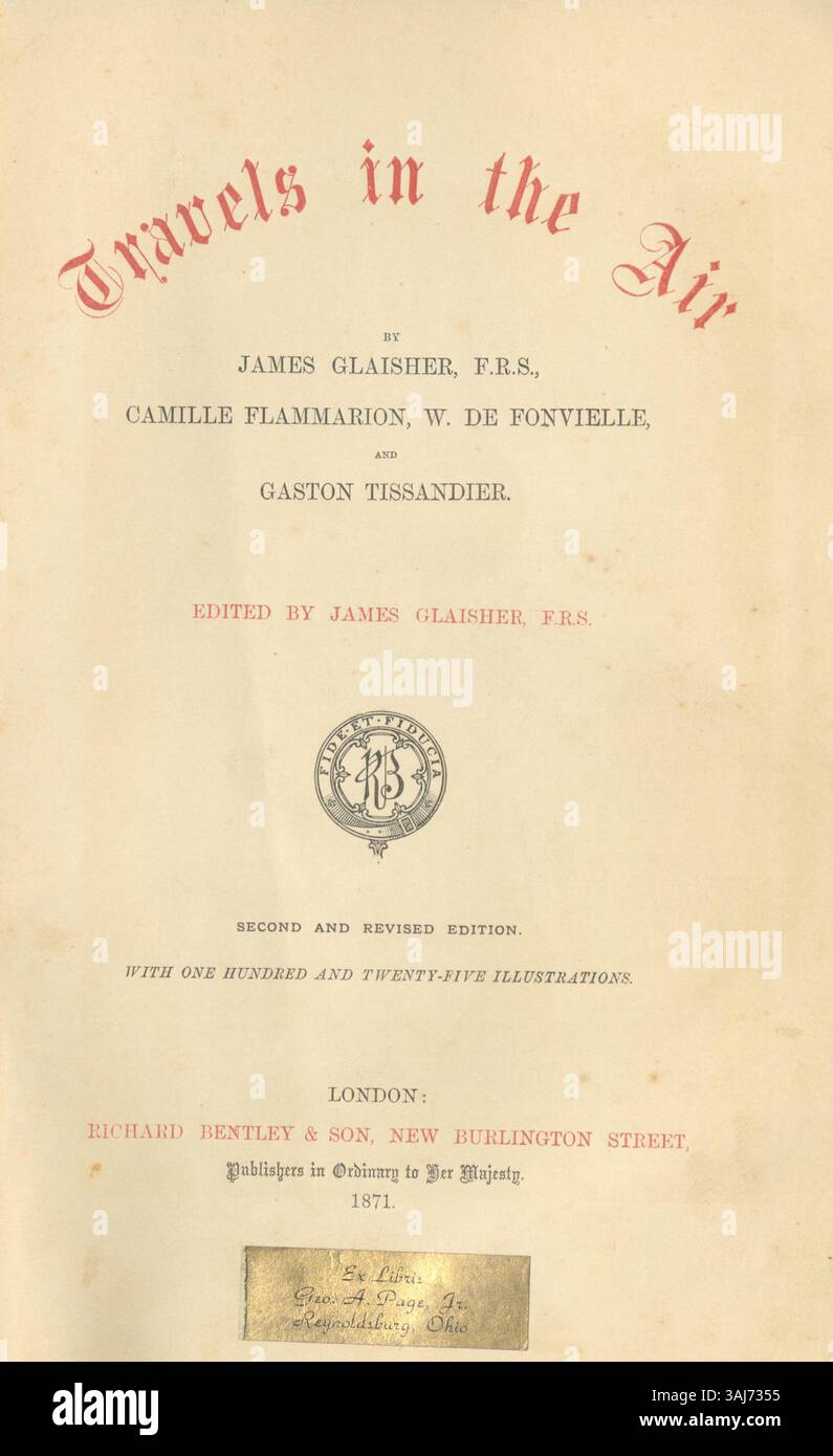 Travels in the Air, eine überarbeitete Ausgabe, die 1871 veröffentlicht wurde und die wissenschaftliche Ballonfahrt-Expeditionen und Erfahrungen von James Glaisher und Kollaborateuren beschreibt. Stockfoto