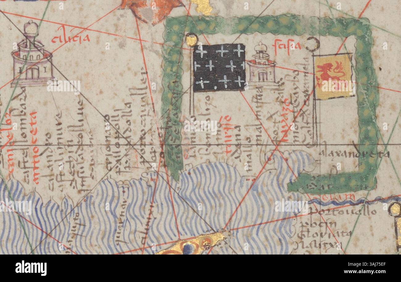 Das Königreich Kilikien ist im katalanischen Atlas von 1375, einer bedeutenden mittelalterlichen Handschrift, vertreten. Die Region, historisch armenisch, wird im Kontext der Mittelmeerwelt gezeigt. Die Karte, die in der Bibliothèque nationale de France aufbewahrt wurde, zeigt geographische und politische Merkmale Kilikiens. Stockfoto