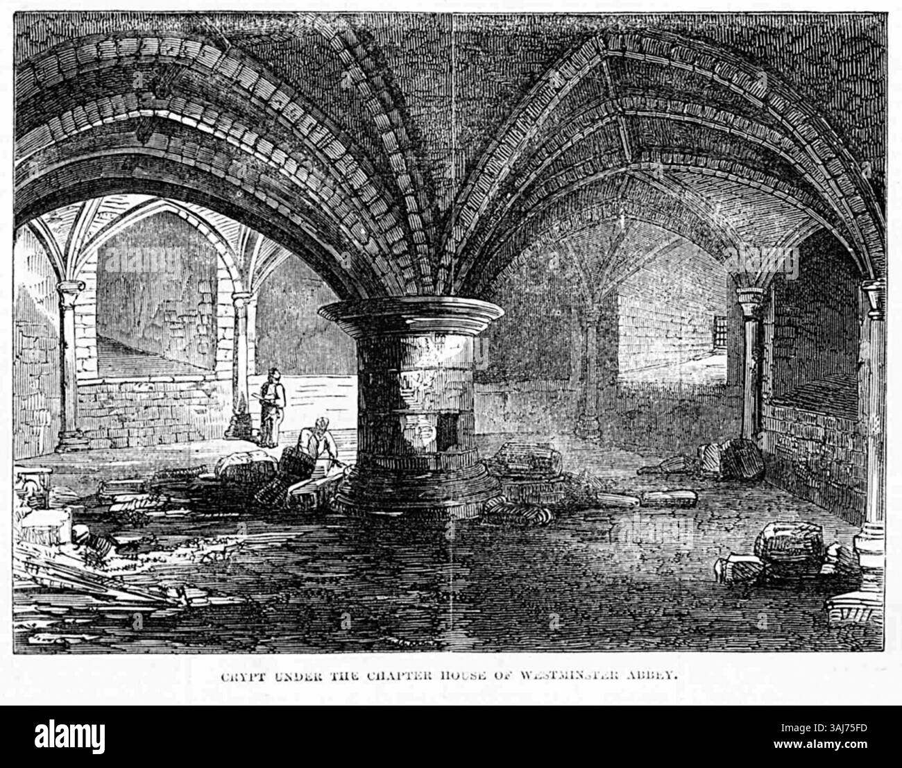 Diese Illustration, die in der Ausgabe von „Pen and Pencil“ vom 17. Februar 1855 gezeigt wurde, zeigt die Krypta unter dem Chapter House of Westminster Abbey. Es ist Teil einer Ausgabe, die in London von Joseph Clayton Jr. veröffentlicht wurde und verschiedene Illustrationen enthält. Stockfoto