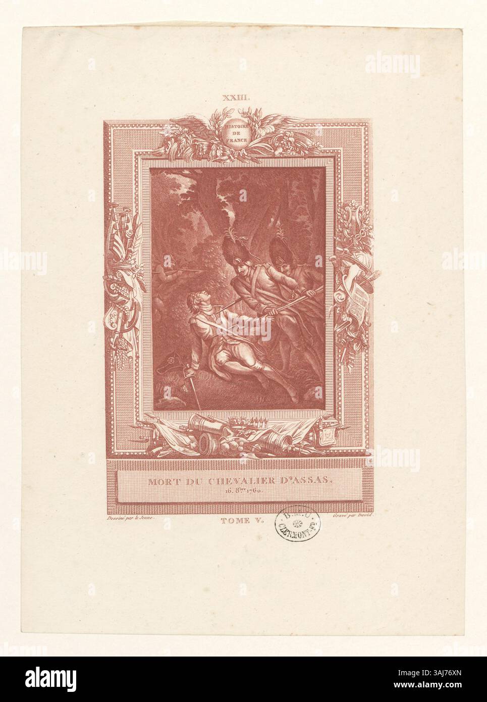 Dieser Druck aus der Sammlung Boyer erinnert an den Tod von Nicolas-Louis d'Assas, einem französischen Militärhelden, der 1760 auf dem Schlachtfeld starb. Stockfoto