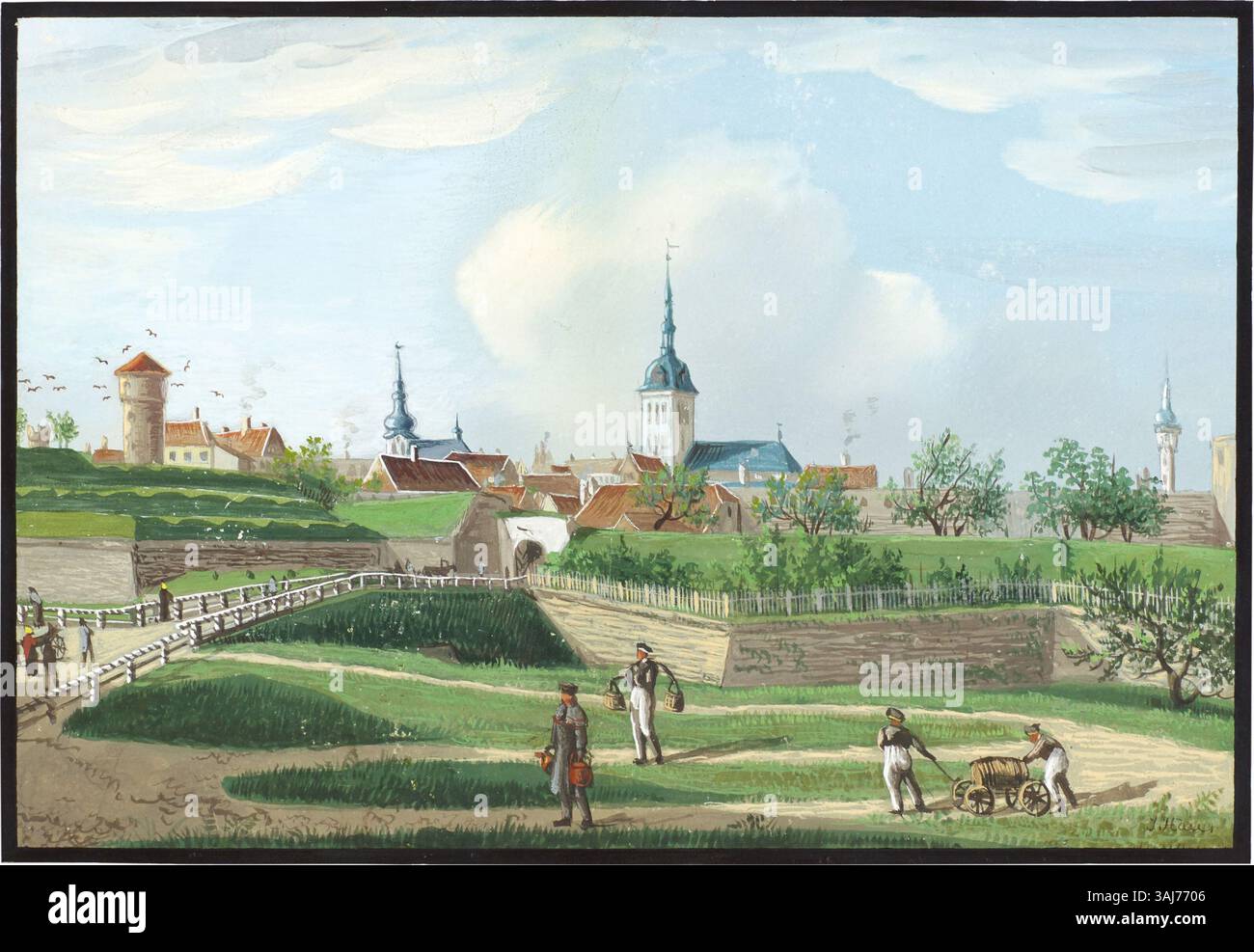 Dieses Gouache-Gemälde von Eduard Hau, mit Tinte signiert, zeigt einen wunderschönen Blick auf Estland und zeigt Haus Können, die Ruhe der Landschaften der Region im 19. Jahrhundert festzuhalten. Stockfoto