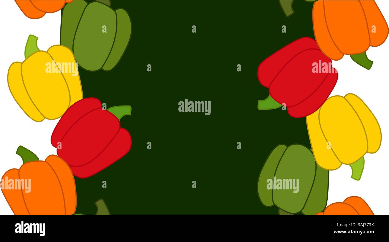 Farbige Glockenpaprika vertikale Rand Karte Rahmenvektor flache nahtlose Illustration. Vorlagenkunst für Lebensmitteldesign, Rezept, Kochbuch, Pakete, Menü, fo Stock Vektor