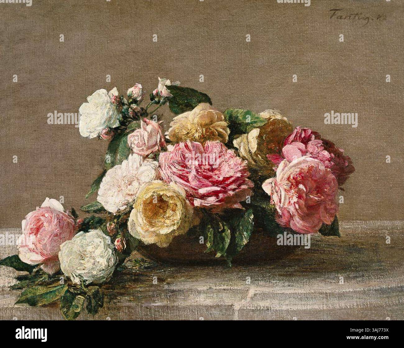 Henri Fantin-Latours Stilleben „Roses in a Dish“ aus dem Jahr 1882 zeigt ein detailliertes Arrangement von Rosen in einem Gericht. Das Ölgemälde im Musée d'Orsay fängt die Eleganz und zarte Schönheit der Blumen ein. Stockfoto