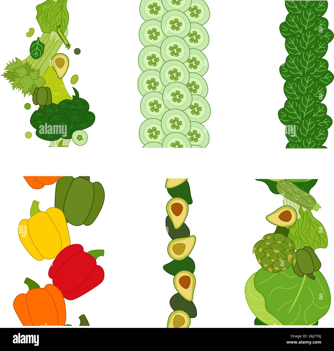 Vertikaler Rand für grünes Gemüse. Vektor flach Bio und gesunde Lebensmittel. Flacher Stil, Vektorillustration für Paket, Küchendesign, Stoff und te Stock Vektor