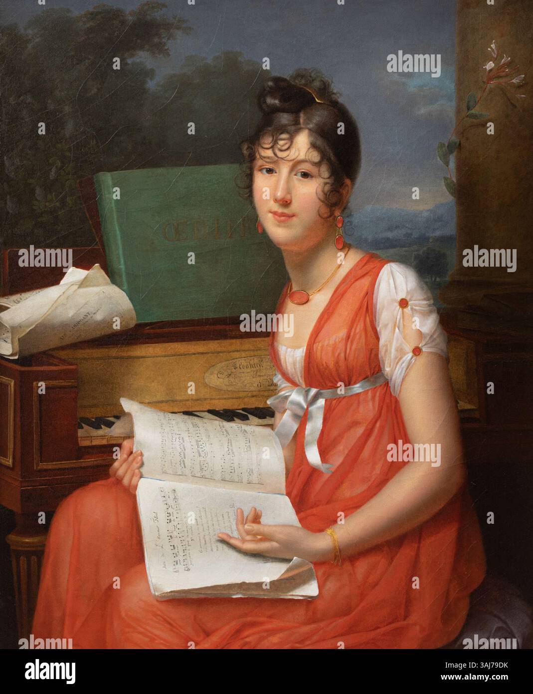 Ein Porträt von Adèle Romany aus dem Jahr 1802, das Mlle Thevenet de Montgarrel zeigt, eine junge Frau in der Nähe eines Klaviers, die eine Notenschrift hält. Das Gemälde fängt die Eleganz der französischen Gesellschaft des frühen 19. Jahrhunderts und die kulturelle Bedeutung der Musik ein. Stockfoto