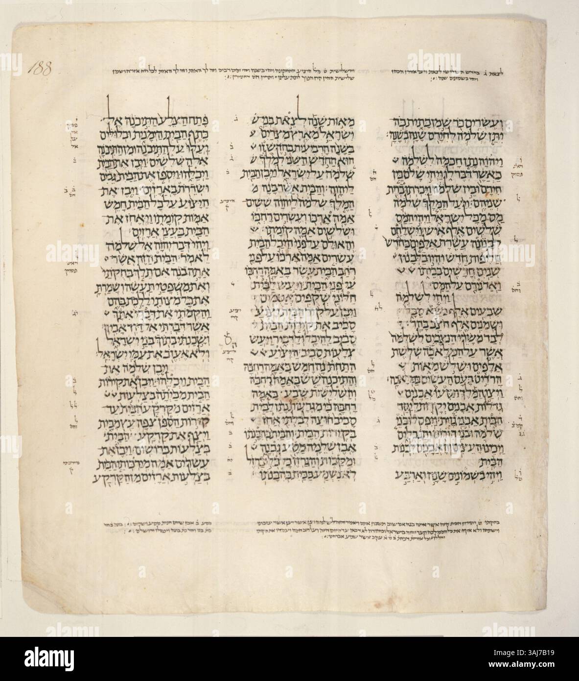 Die 372. Seite des Leningrader Kodex, von 1008 bis 1011, zeigt Texte aus dem Tanach. Folio 188a enthält 1 Könige 5:25-6:16. Stockfoto