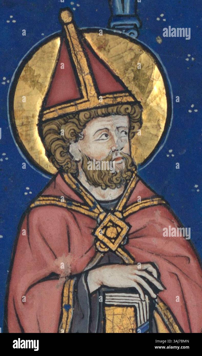 Dieses Manuskript aus den 1280er Jahren zeigt Papst Sylvester I. und den Heiligen Servatius in einem französischen Bilderbuch, in dem sie in religiöser Kleidung dargestellt werden. Stockfoto