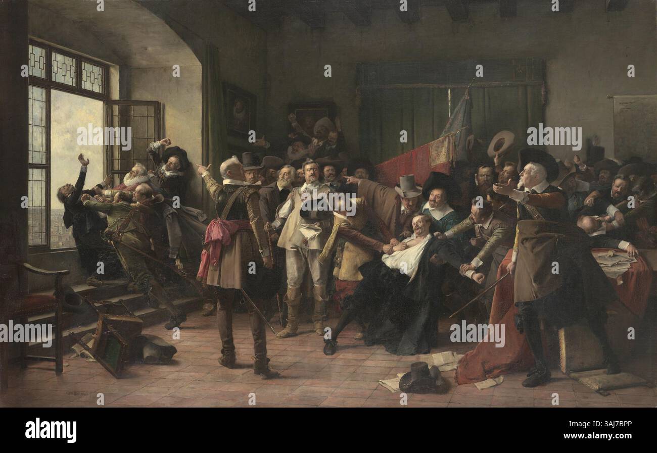 Václav Brožík Gemälde von 1890 zeigt die dritte Verteidigung Prags, ein wichtiges historisches Ereignis, das 1618 stattfand. Das Öl auf Leinwand fängt den dramatischen Moment ein, der die tschechische Geschichte verändert hat. Stockfoto