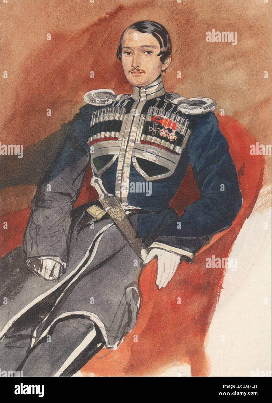 Ein Porträt von Prinz Chasay Musaev Utsmiev, gemalt von Grigori Gagarin in den frühen 1840er Jahren Gagarin, ein bekannter russischer Künstler, fängt das aristokratische Verhalten des Prinzen mit akribischen Details ein und unterstreicht seinen Status in der russischen Gesellschaft des 19. Jahrhunderts. Stockfoto