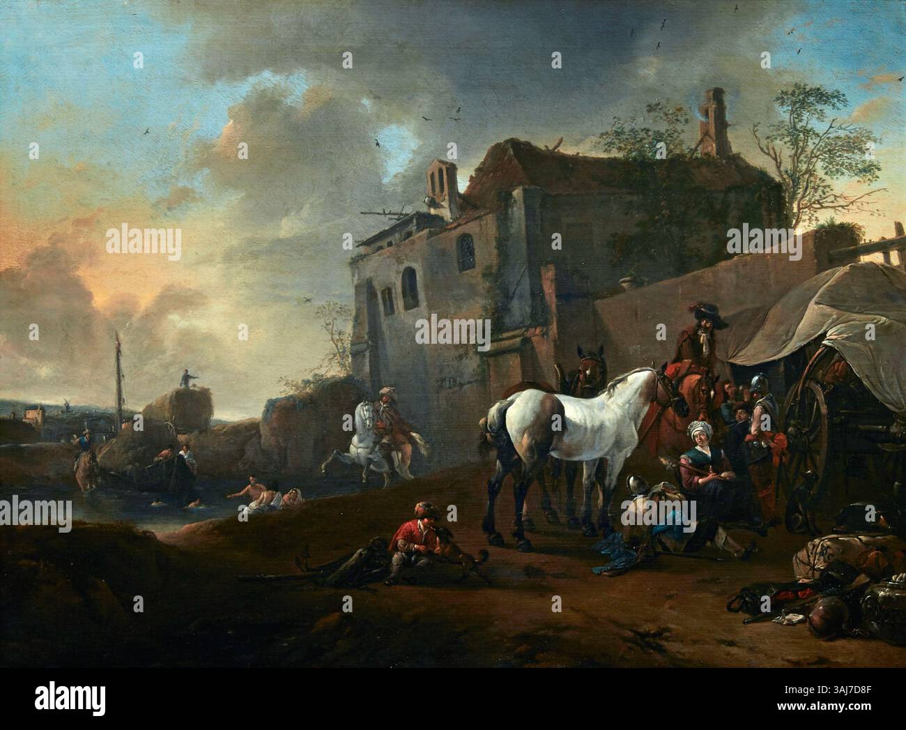 Pieter Wouwermans Gemälde um 1670 zeigt ruhende Soldaten und Reisende in landschaftlicher Umgebung und hebt den Fokus des niederländischen Künstlers auf Figuren in der Natur und historischen Zusammenhängen in Öl auf Tafeln hervor. Stockfoto