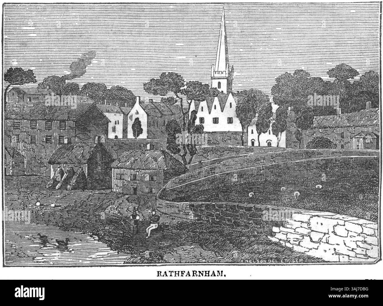 Diese Illustration aus dem Jahr 1835 aus dem Dublin Penny Journal zeigt Rathfarnham, einen Vorort von Dublin, Irland. Das Kunstwerk fängt die Atmosphäre des Dorfes ein und präsentiert das ländliche Leben und architektonische Elemente dieses historischen irischen Ortes. Stockfoto