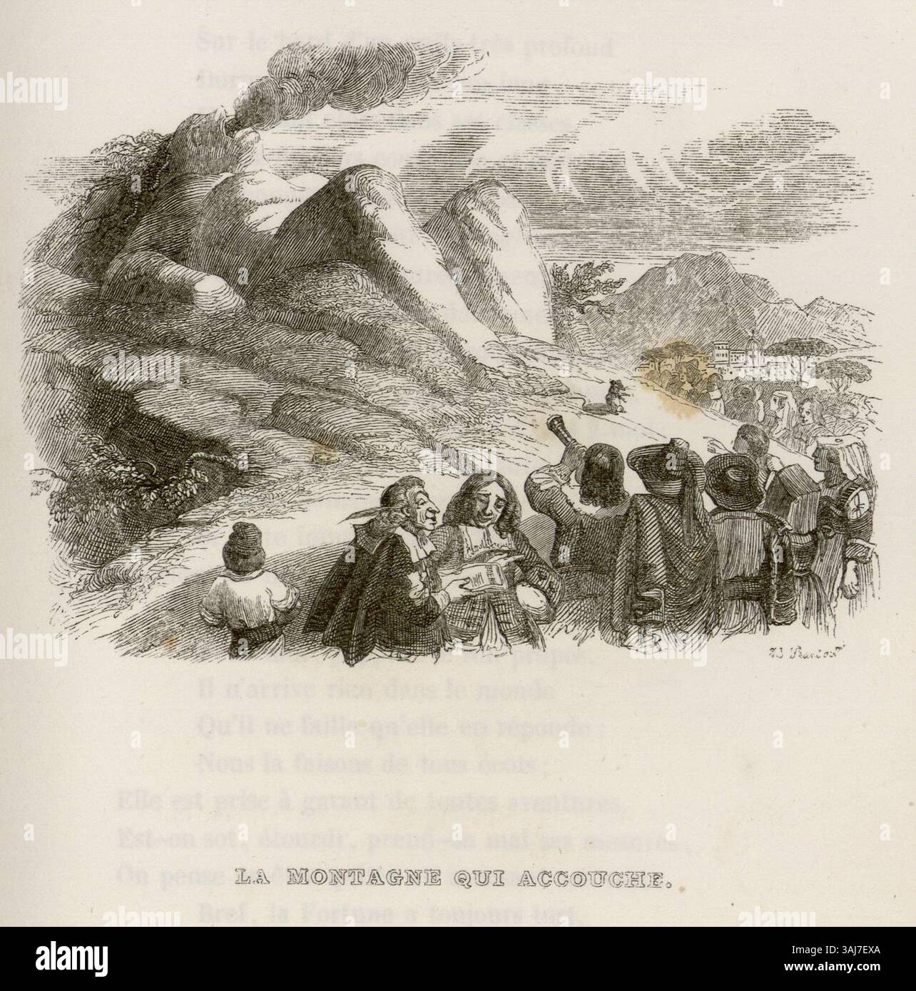 Ein Druck aus La Fontaines Fabeln, der „den Berg, der Geburt gibt“ illustriert. Dieses Stück aus dem Jahr 1838 ist Teil einer Reihe von Fabeln, die moralische Lehren erforschen und eine Personifizierung der Natur zeigen. Stockfoto