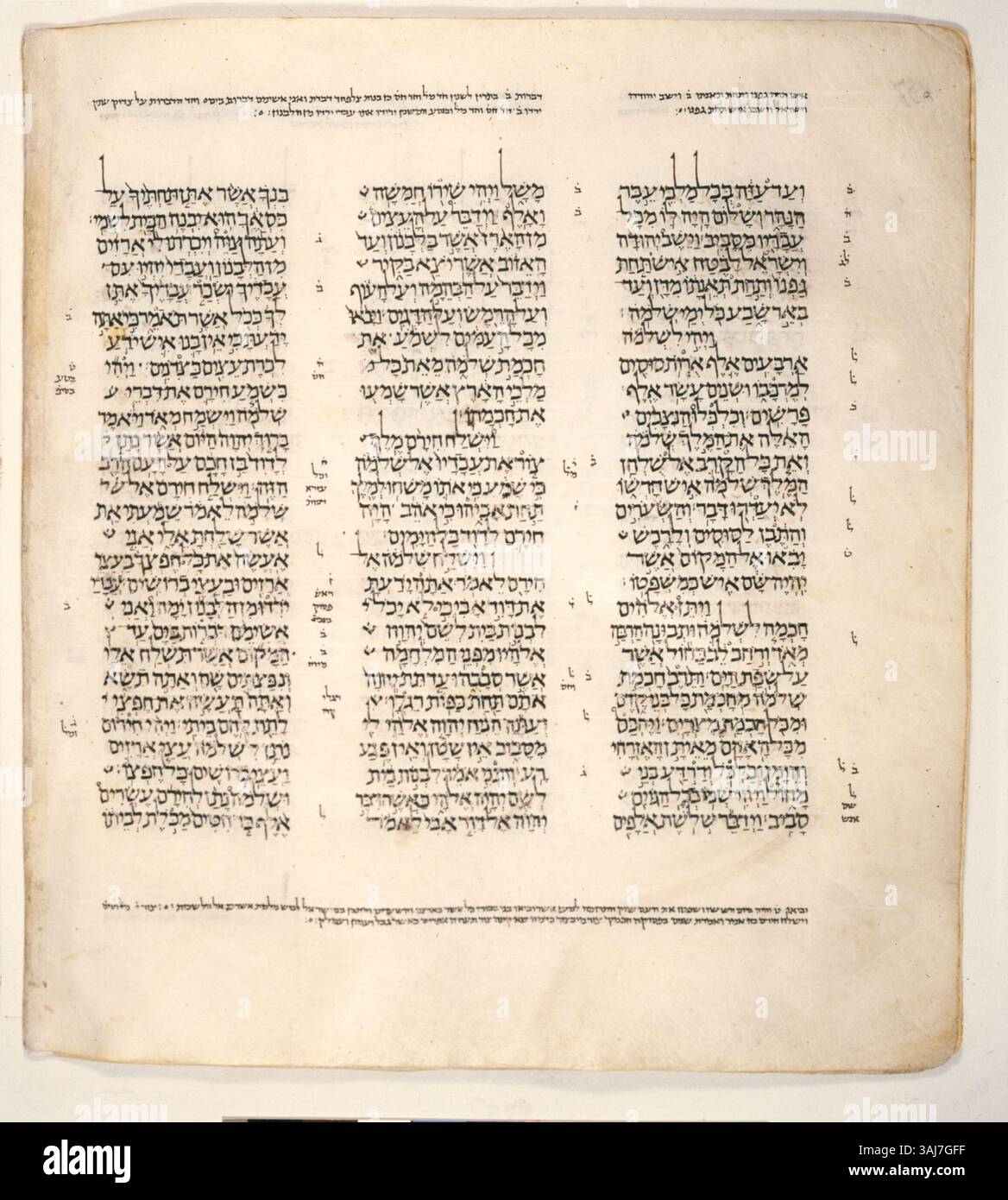 Die 371. Seite des Leningrader Kodex, datiert zwischen 1008 und 1011, enthält Texte aus dem Tanach. Folio 187b enthält 1 Kings 5:4-25. Stockfoto