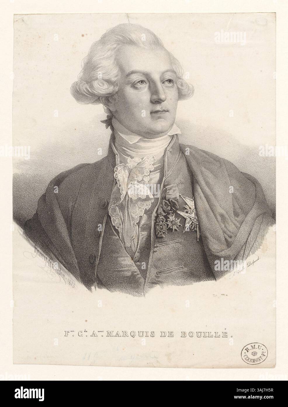 Lithografie aus der Sammlung Boyer, die Francois Claude Amour, Marquis de Bouillé, eine prominente Militärfigur im späten 18. Jahrhundert während der Französischen Revolution darstellt. Stockfoto