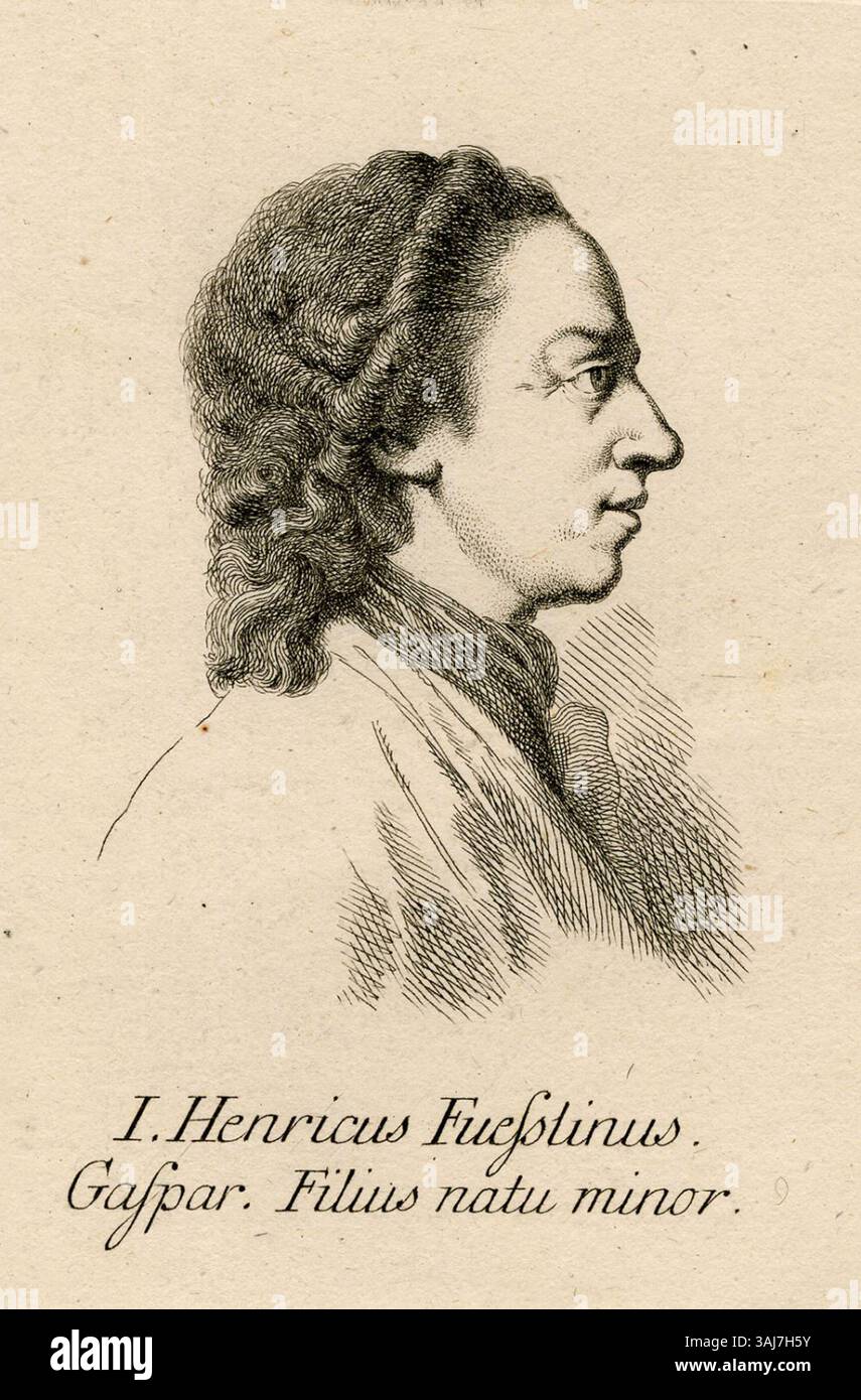 Das Porträt von Heinrich Pfenninger aus dem Jahr 1780 zeigt Johann Heinrich Füssli (1741–1825), auch bekannt als Heinrich Fuseli, den jüngeren Sohn von Johann Caspar Füssli. Dieses Kunstwerk zeigt die familiäre Verbindung des Künstlers. Stockfoto