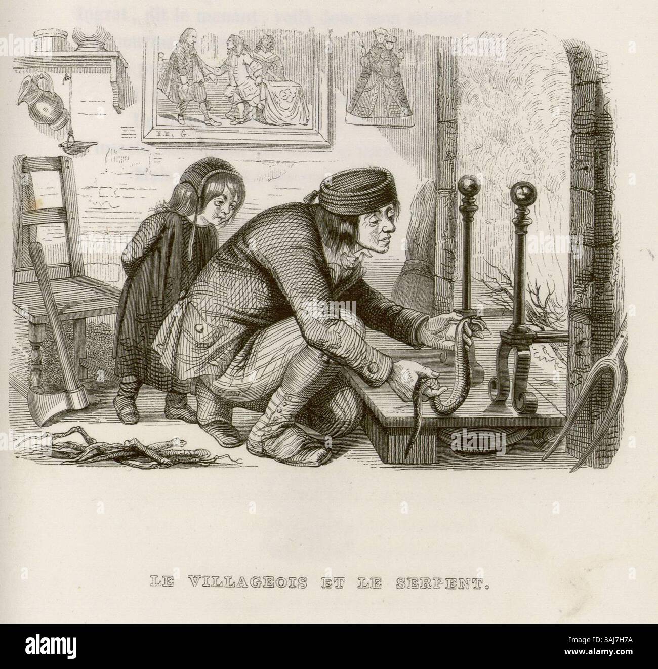 Dieser Druck aus La Fontaines Fabeln aus dem Jahr 1838 stellt „das Villager und die Schlange“ dar, eine klassische Fabel, die Themen von Gefahr und Verrat illustriert, mit einer Tierfabelfassung. Stockfoto