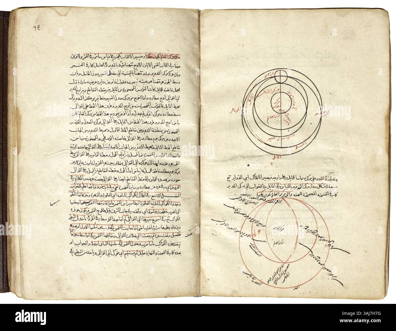 Dieses Werk von Ali al-Jurjani, ein Timurid-Manuskript aus dem Jahr 1410, bietet einen Kommentar zu al-Tusis Astronomie-Abhandlung. Das Manuskript ist in naskh-Schrift geschrieben und enthält 156 Blätter mit mathematischen und geometrischen Diagrammen sowie rote und schwarze Beschriftungen und einen eingeprägten marokkanischen Einband. Stockfoto