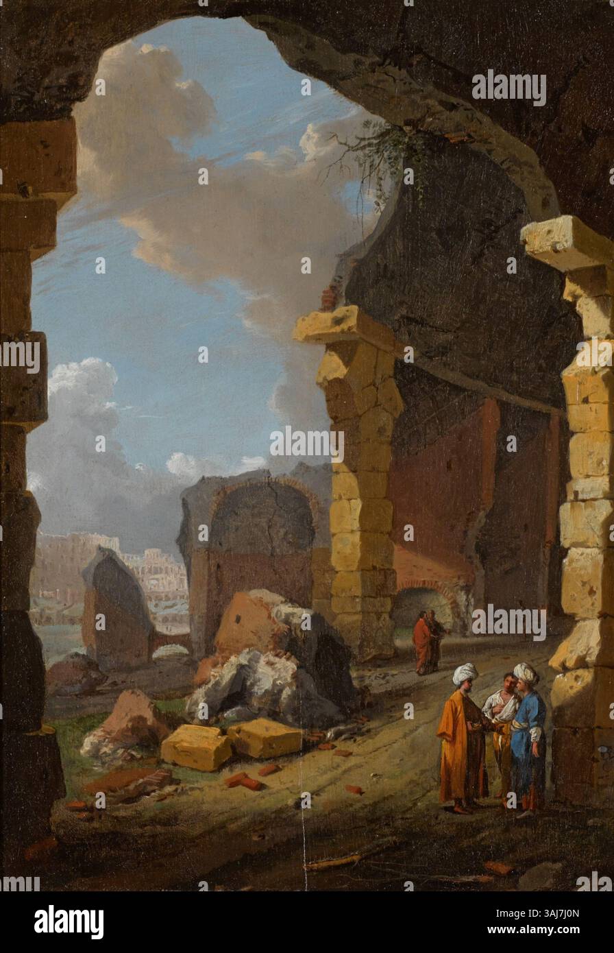 Ein Landschaftsgemälde von Bartholomeus Breenbergh mit römischen Ruinen mit Turbanfiguren. Diese Öltafel, die zwischen 1613 und 1657 gemalt wurde, spiegelt Breenberghs Interesse an klassischen Ruinen und exotischen Elementen wider. Stockfoto