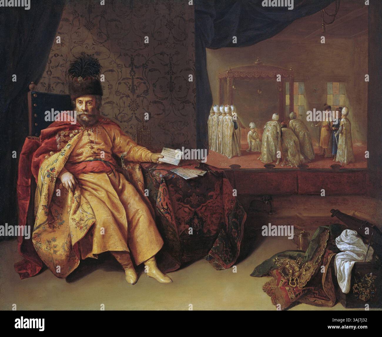 Ein Porträt von Jeronimus Joachims aus dem Jahr 1651 des kaiserlichen Botschafters Johann Rudolf Schmid von Schwarzenhorn. In diesem Ölgemälde auf Leinwand ist er mit einem Brief an den Sultan zu sehen, der seine diplomatische Rolle im 17. Jahrhundert unterstreicht. Stockfoto