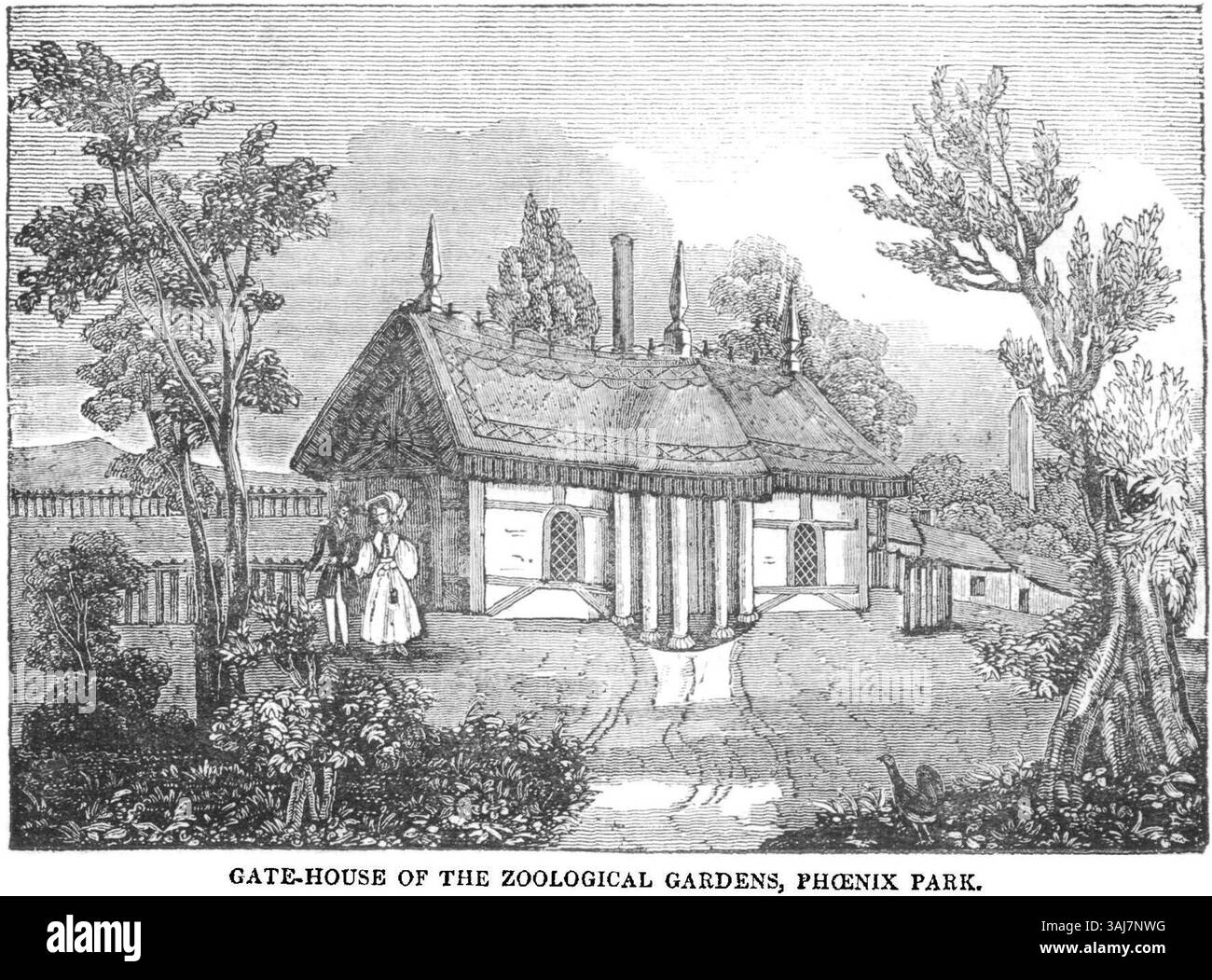Diese 1835 abgebildete Abbildung des Torhauses in den Zoologischen Gärten im Phoenix Park, Dublin, zeigt die Architektur des Gebäudes und seine Lage im Park. Die Illustration spiegelt das Interesse der Zeit an Zoos und ihren Designs wider. Stockfoto