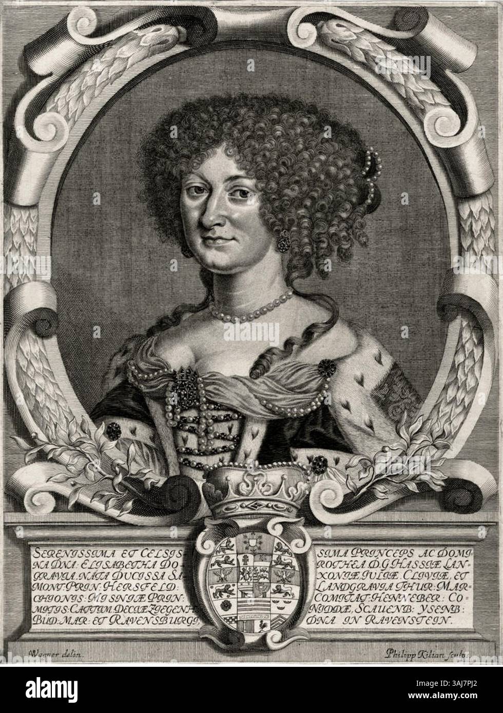 Stich von Philipp Kilian nach Wagner mit Elisabeth Dorothea, Landgräfin von Hessen-Darmstadt, geboren 1640, Ehefrau Ludwigs VI. Das Porträt entstand zwischen 1670 und 1680. Stockfoto