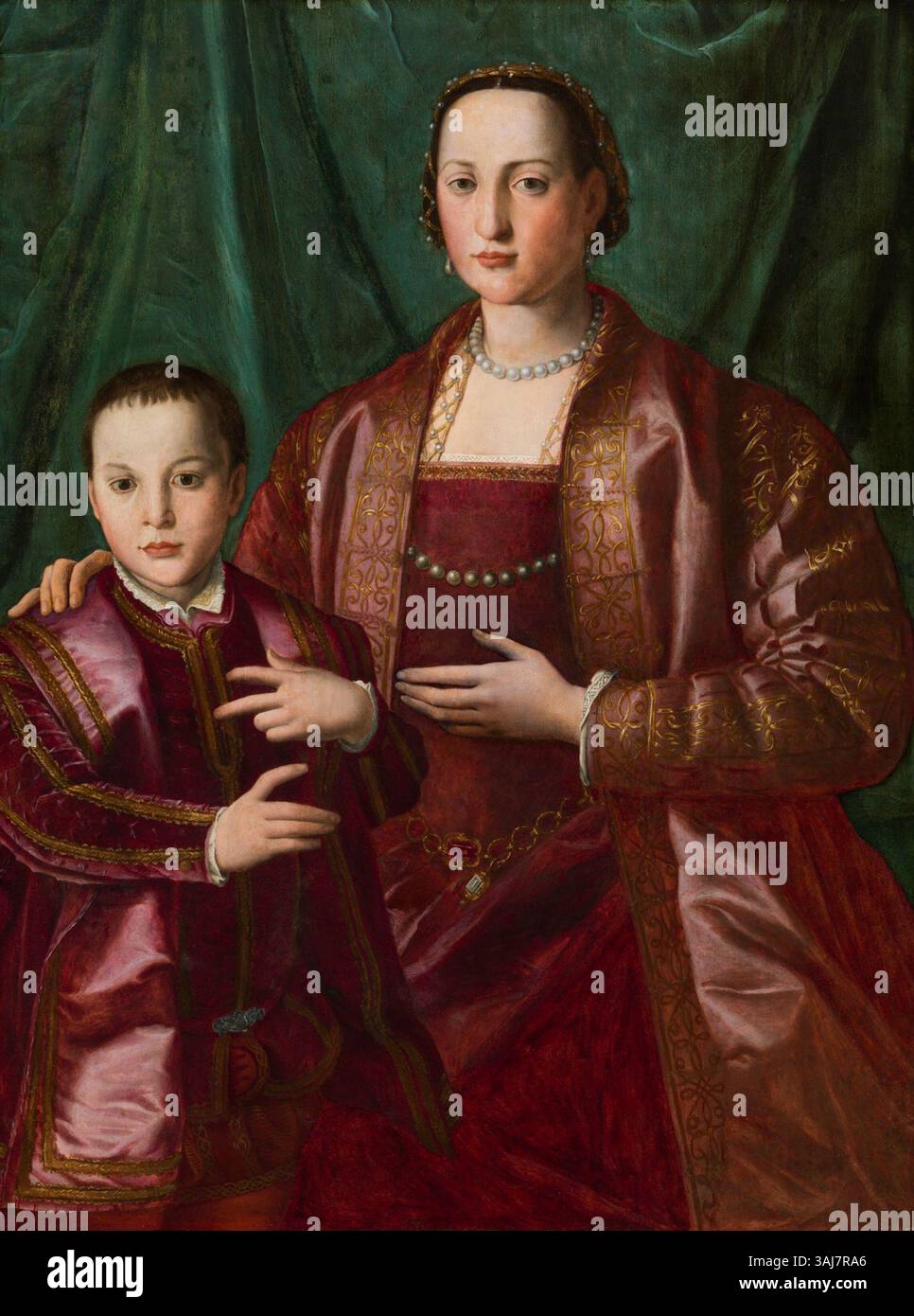 Bronzinos *Porträt der Eleonora von Toledo und ihres Sohnes Francesco de’Medici* (ca. 1549) zeigt die Adlige und ihren Sohn und zeigt die Fähigkeit der Künstlerin, beide Individuen mit Klarheit und psychologischer Tiefe darzustellen. Dieses Öl-auf-Tafelwerk stellt einen wichtigen Moment in der Geschichte der Medici-Familie dar, ausgestellt im Cincinnati Art Museum. Stockfoto