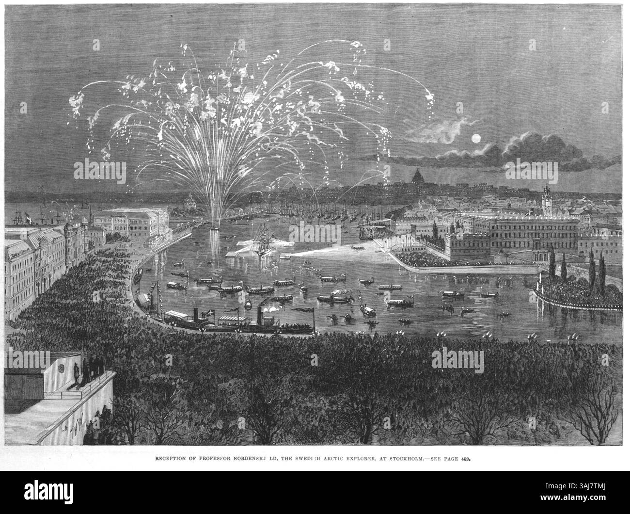 Diese Illustration der am 8. Mai 1880 veröffentlichten Illustrated London News zeigt die Rezeption von Professor Nordenskjold, dem schwedischen Polarforscher, in Stockholm. Der Holzstich fängt den historischen Moment von Nordenskjolds Rückkehr ein und zeigt die öffentliche Bewunderung für seine Polarforschungsleistungen. Stockfoto