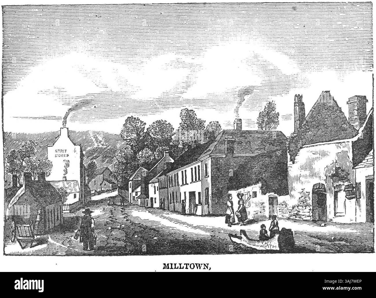 Diese Illustration von *The Dublin Penny Journal* aus dem Jahr 1835 zeigt Milltown, ein Dorf in der Nähe von Dublin, Irland, mit Blick auf die ländliche Umgebung. Das Kunstwerk spiegelt die irische Landschaft und den Lebensstil der Landbewohner im 19. Jahrhundert wider. Stockfoto