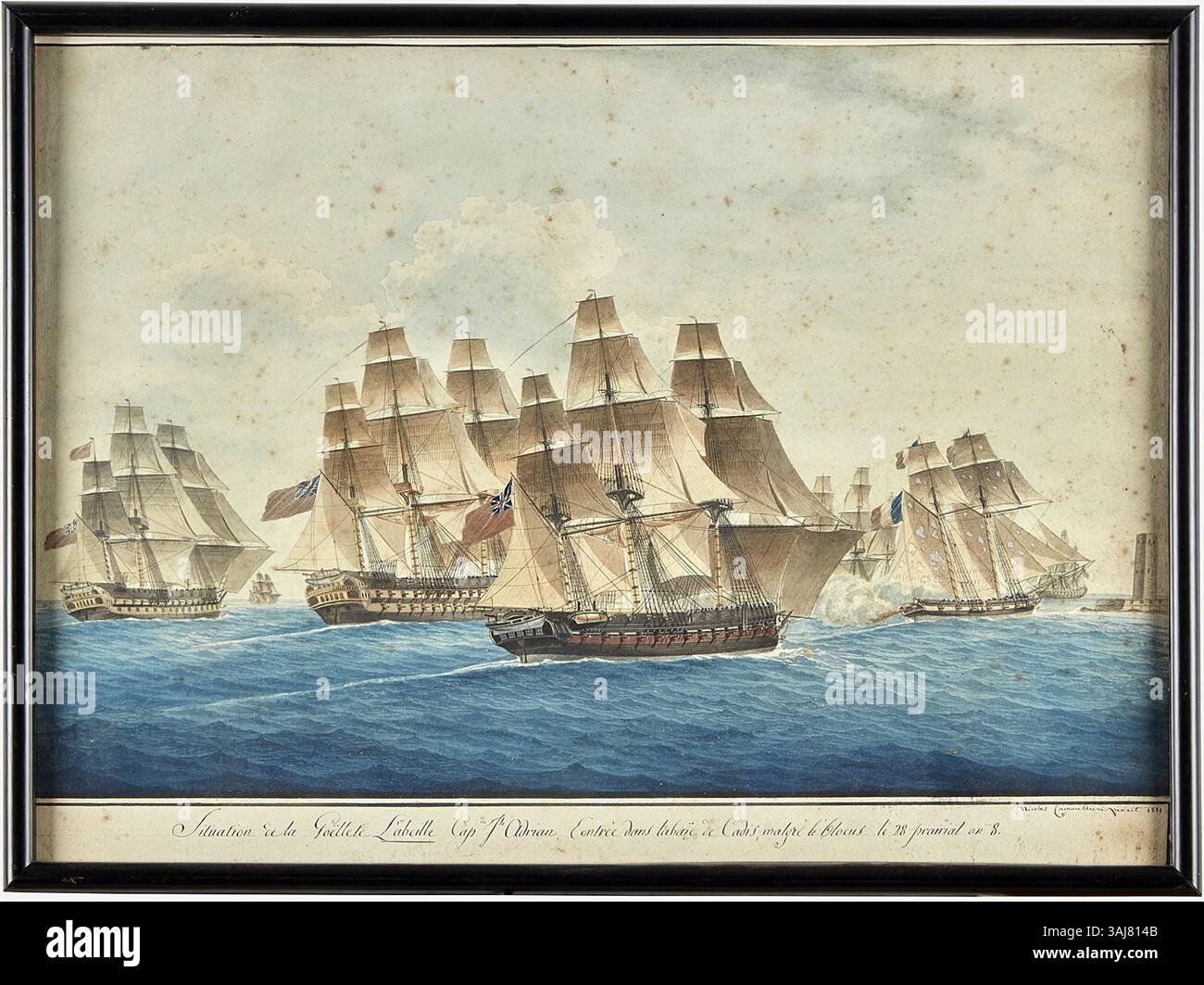 Das 1811 entstandene Kunstwerk „Situation der Goëlette Labeille“ von Nicolas Cammillieri zeigt das französische Freibeuterschiff Labeille, das trotz einer Blockade in die Bucht von Cadiz einfährt. Dieses Aquarellstück mit einer Größe von 17,5 x 24,25 cm veranschaulicht den Marinekrieg während der Französischen Unabhängigkeitskriege, mit farbig gezeichneten Grenzen. Stockfoto
